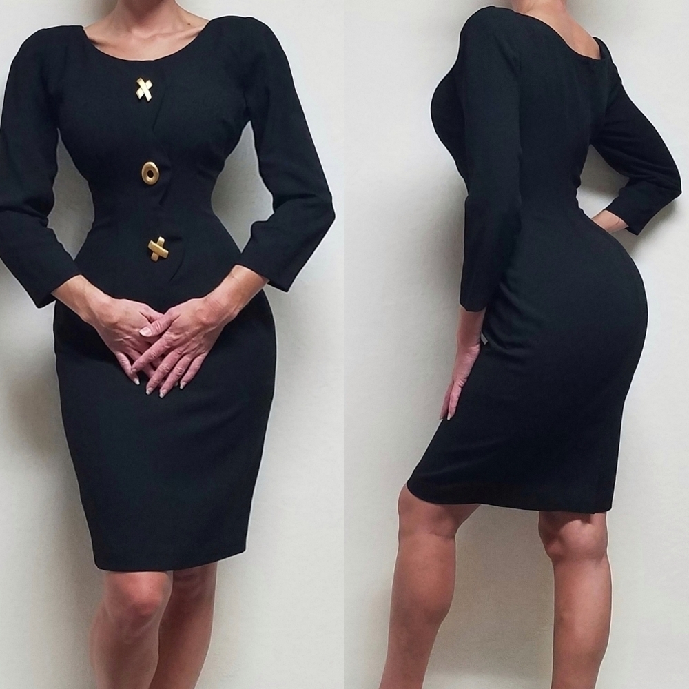 Deadstock Vintage Jim Tremblay Black Gold XOX Oh Structured Shoulder Midi Dress